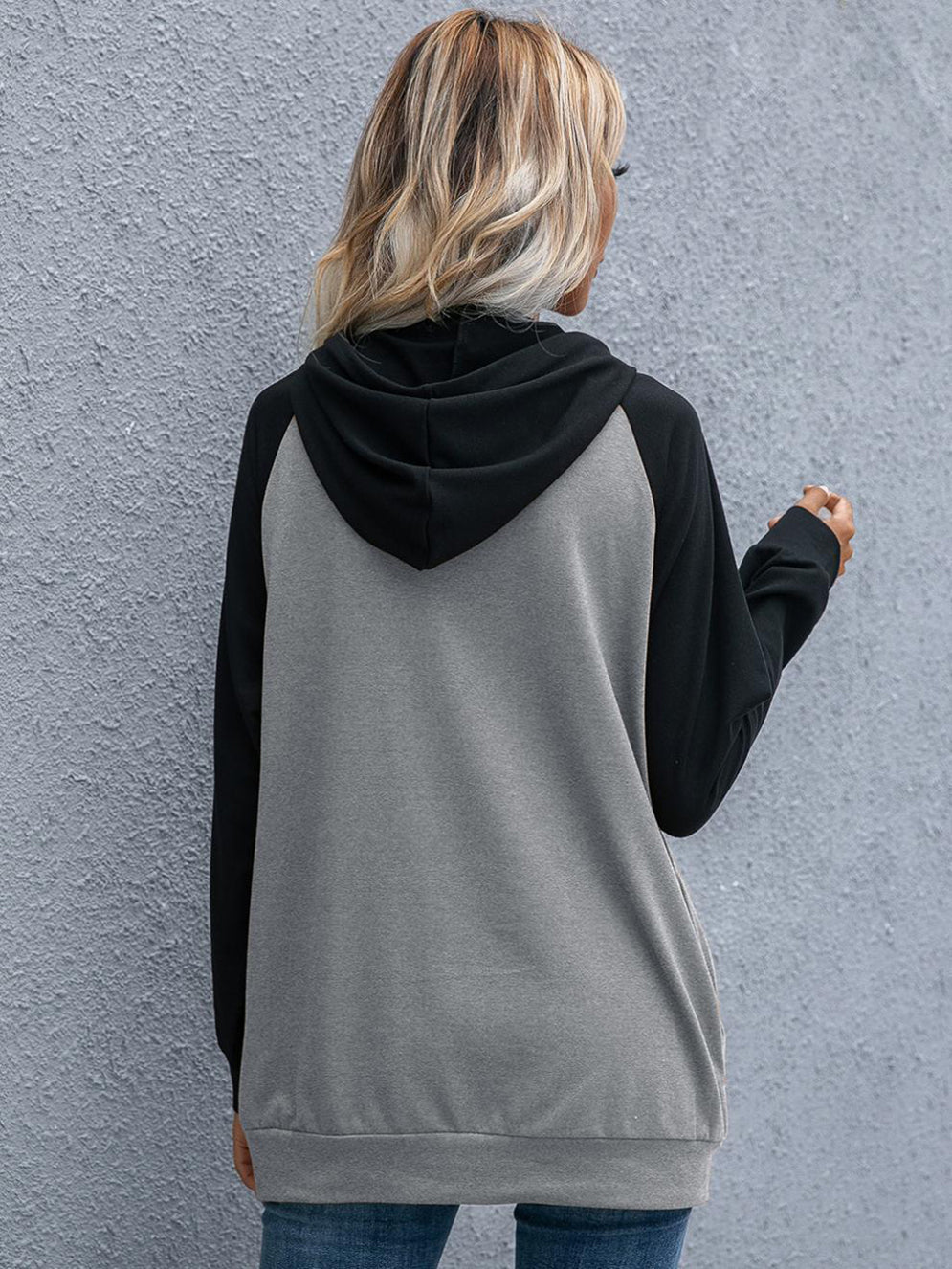 Women Grey Colourblocked Hooded Longline Sweatshirt