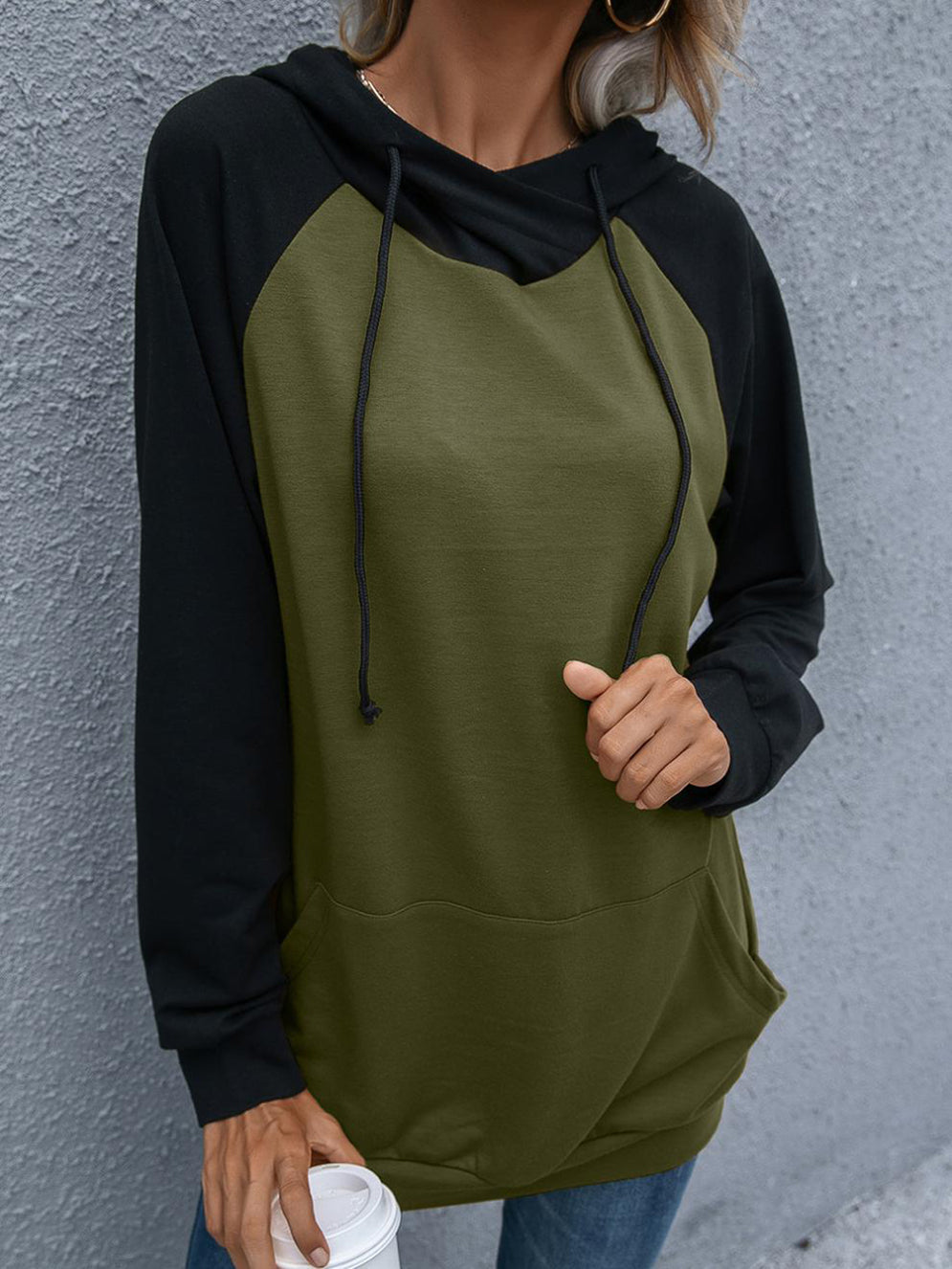 Women Olive Green Hooded Colourblocked Sweatshirt
