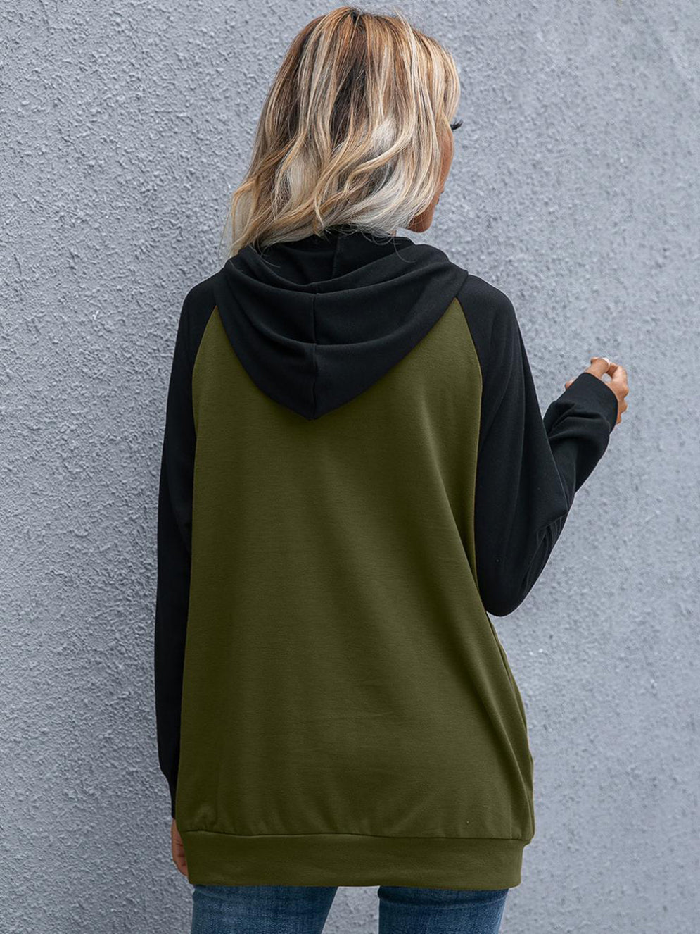 Women Olive Green Hooded Colourblocked Sweatshirt