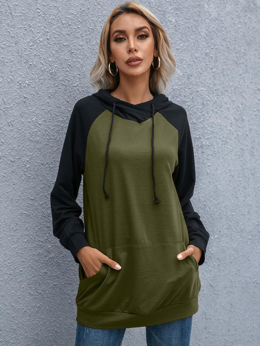 Women Olive Green Hooded Colourblocked Sweatshirt