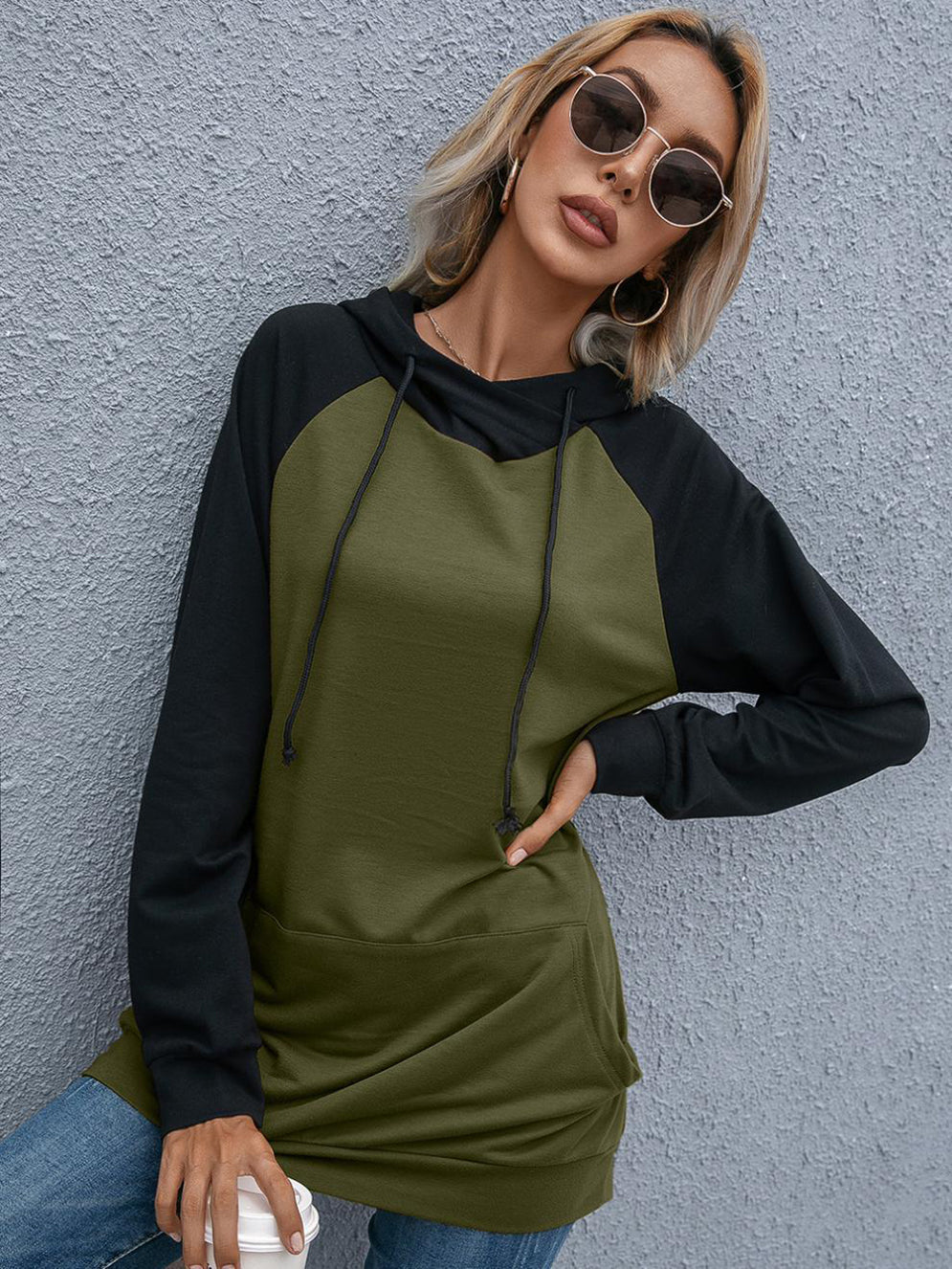 Women Olive Green Hooded Colourblocked Sweatshirt