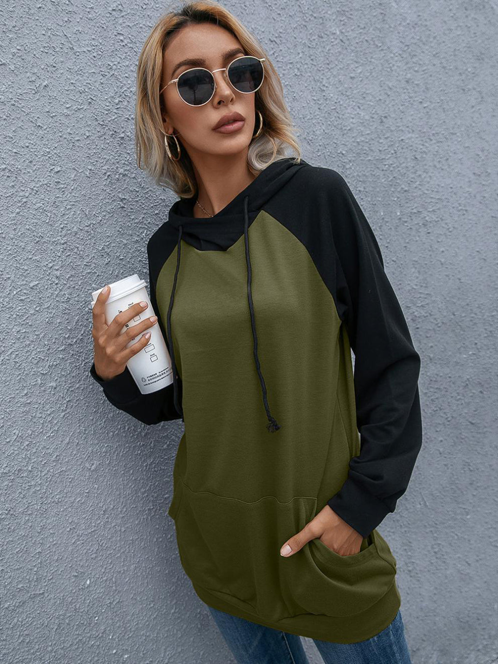 Women Olive Green Hooded Colourblocked Sweatshirt