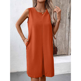 Orange Solid Sleeveless Knee Length A-Line Dress