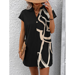 Black Abstract Printed Mandarin Collar Extended Sleeves Mini A-Line Dress