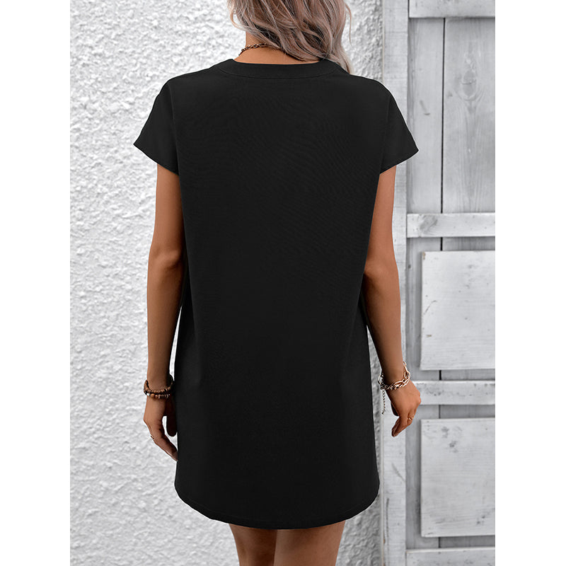 Black Abstract Printed Mandarin Collar Extended Sleeves Mini A-Line Dress