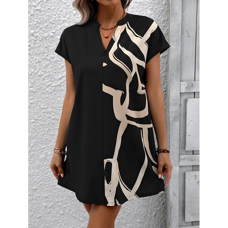 Black Abstract Printed Mandarin Collar Extended Sleeves Mini A-Line Dress