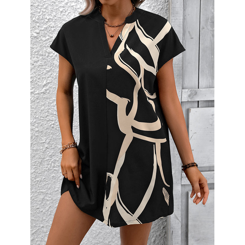 Black Abstract Printed Mandarin Collar Extended Sleeves Mini A-Line Dress
