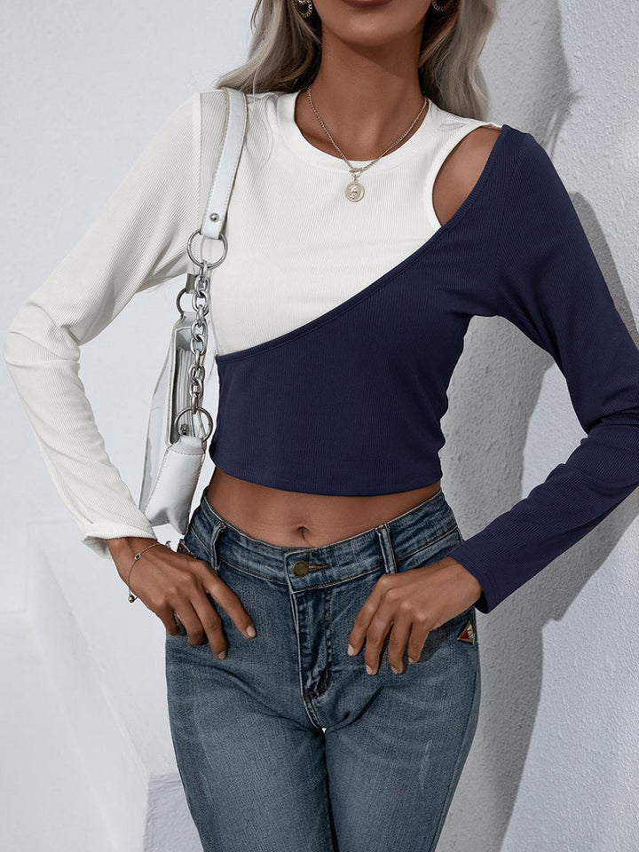 Women Navy Blue & White Colourblocked Crop Top