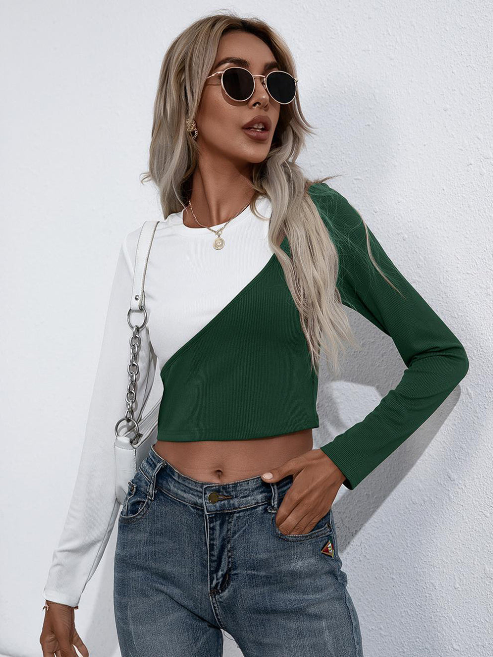 Women Green & Olive Colourblocked Crop Top