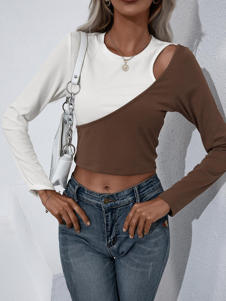 Brown Colourblocked Crop Top