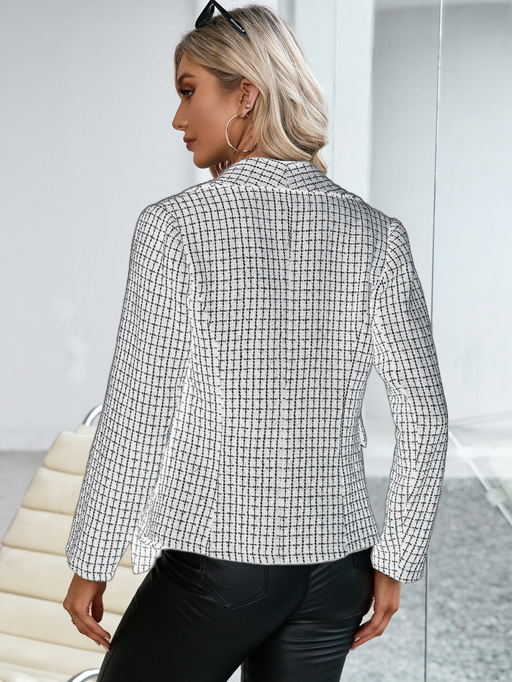 Women White & Black Checked Open Front Jacket