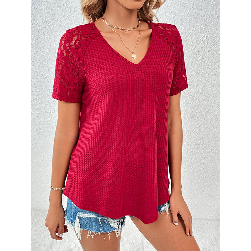 Red V-Neck Applique T-shirt