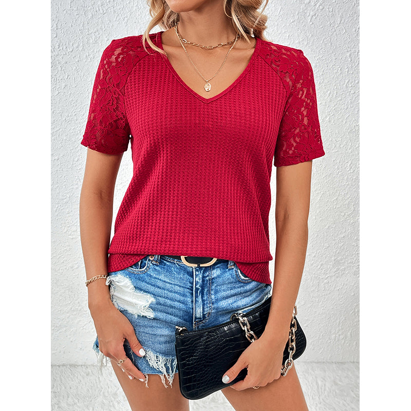 Red V-Neck Applique T-shirt