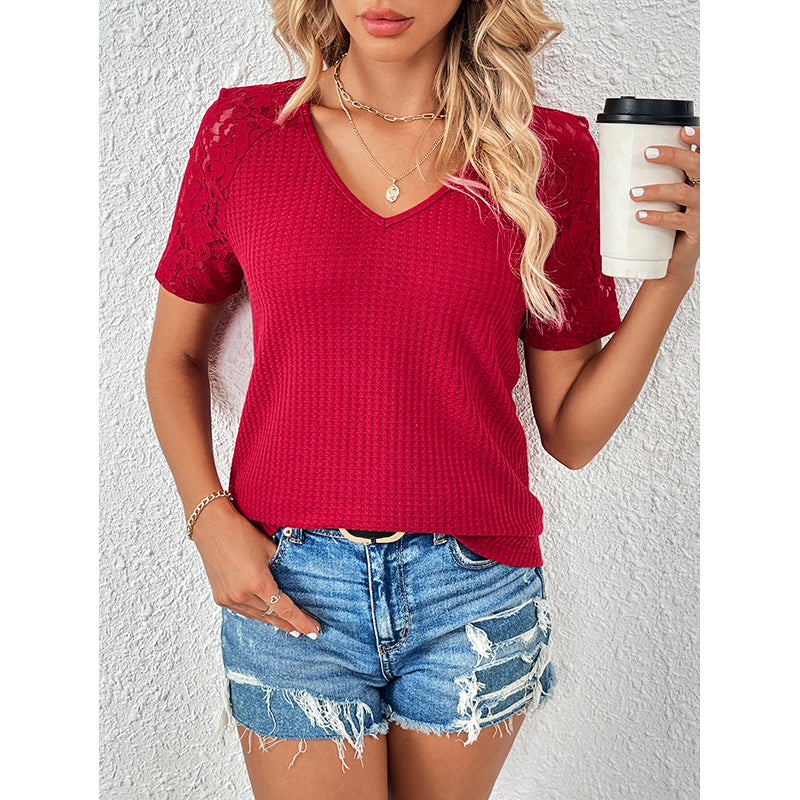 Red V-Neck Applique T-shirt