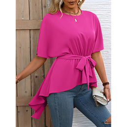 Fuchsia Flared Sleeve Tie Up Linen High Low Top