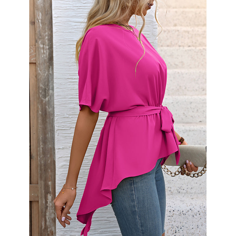 Fuchsia Flared Sleeve Tie Up Linen High Low Top