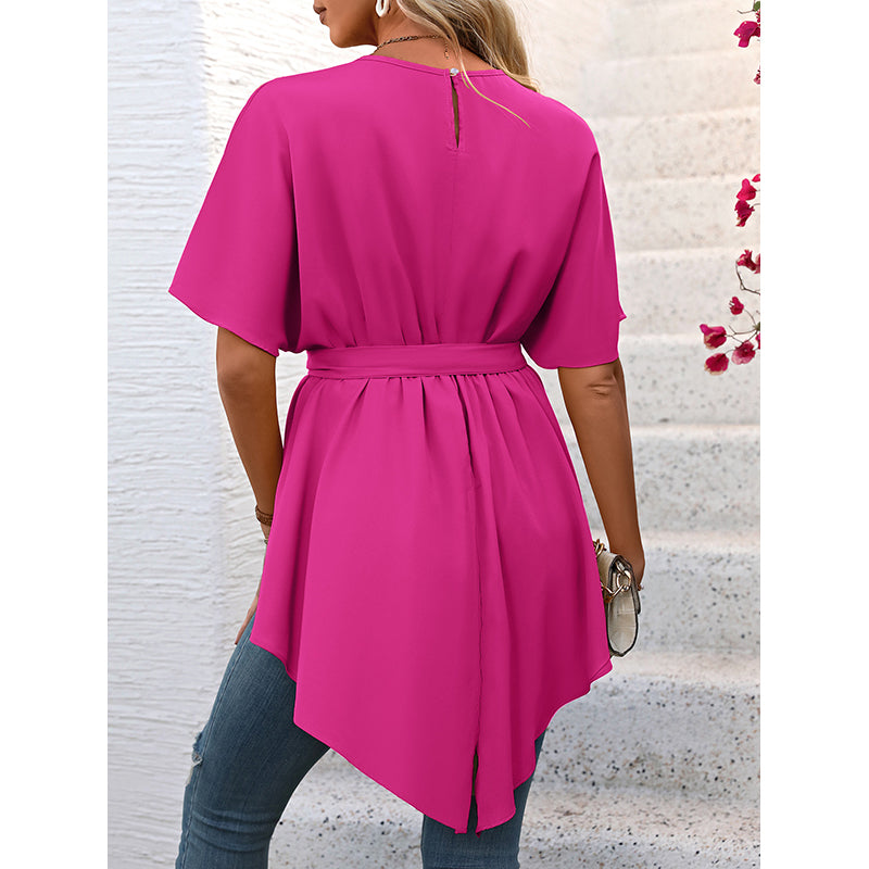 Fuchsia Flared Sleeve Tie Up Linen High Low Top
