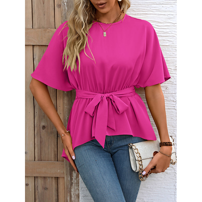 Fuchsia Flared Sleeve Tie Up Linen High Low Top
