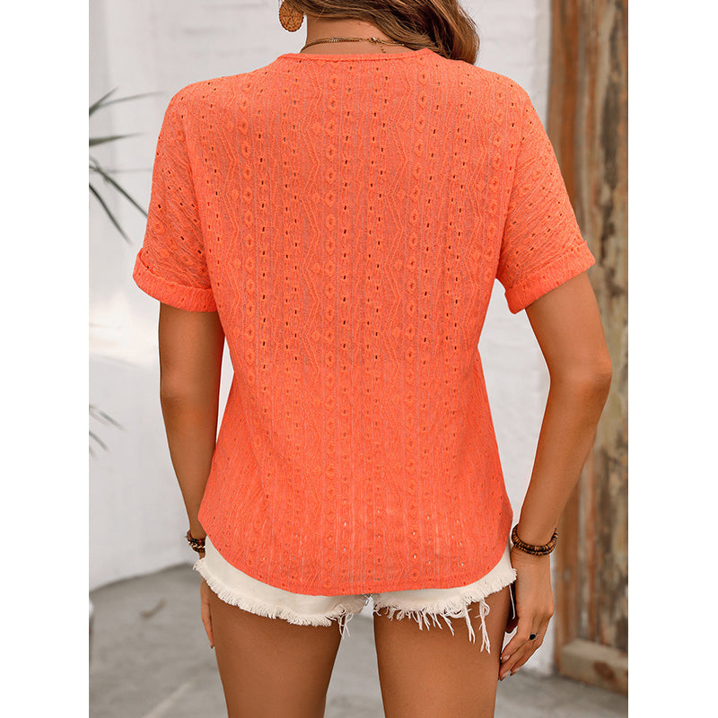 Orange Self Design V-Neck Extended Sleeves Shirt Style Top
