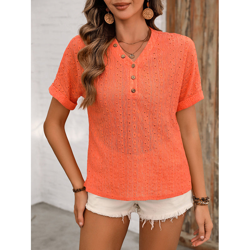 Orange Self Design V-Neck Extended Sleeves Shirt Style Top