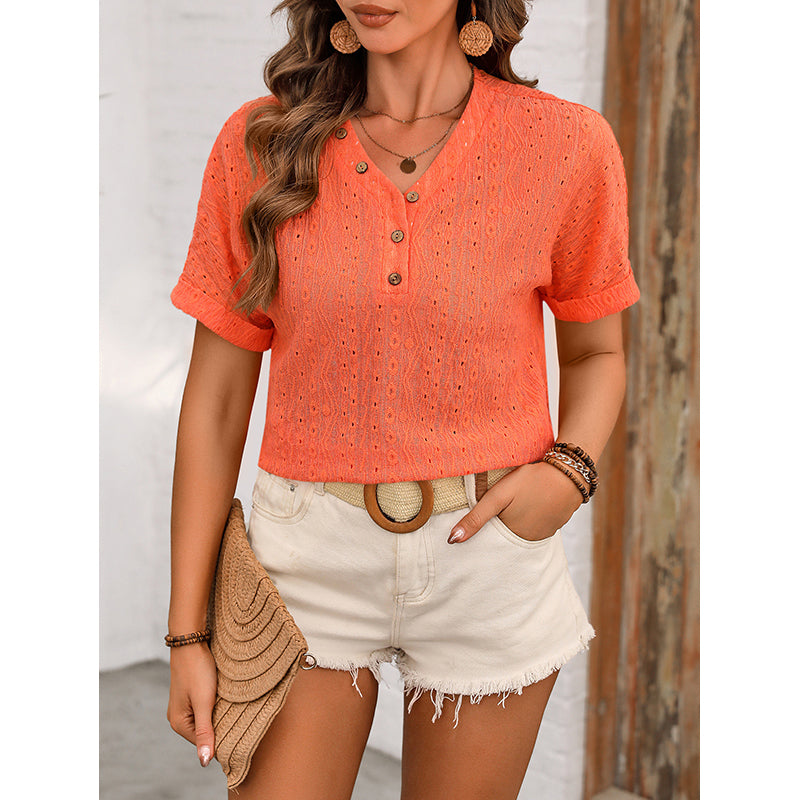 Orange Self Design V-Neck Extended Sleeves Shirt Style Top