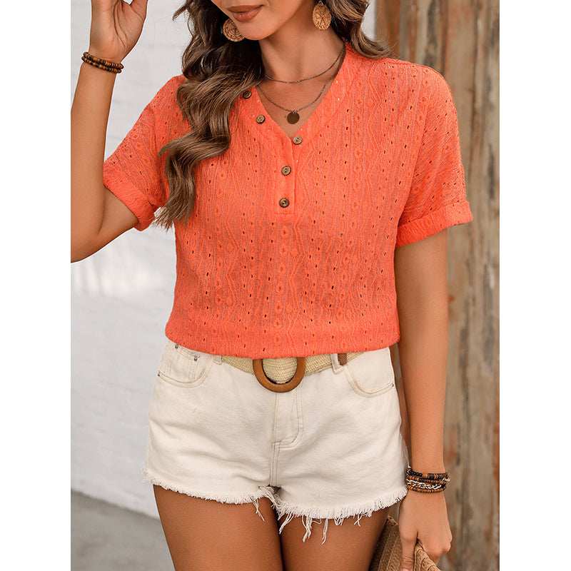 Orange Self Design V-Neck Extended Sleeves Shirt Style Top