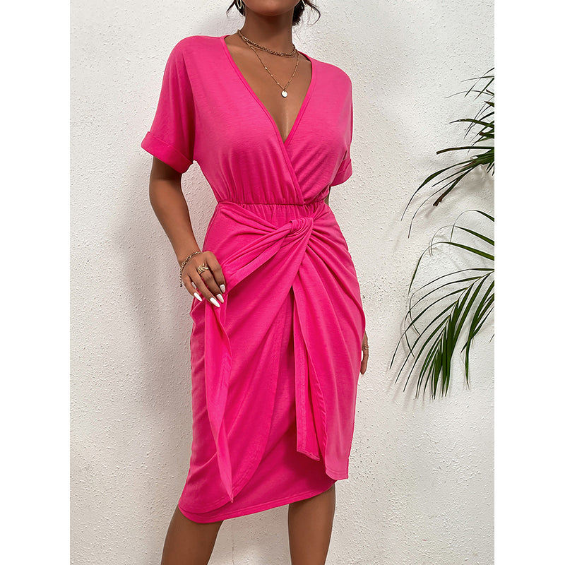 Pink Extended Sleeves Gathered or Pleated Wrap Dress