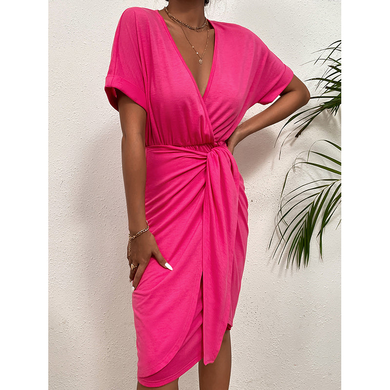 Pink Extended Sleeves Gathered or Pleated Wrap Dress