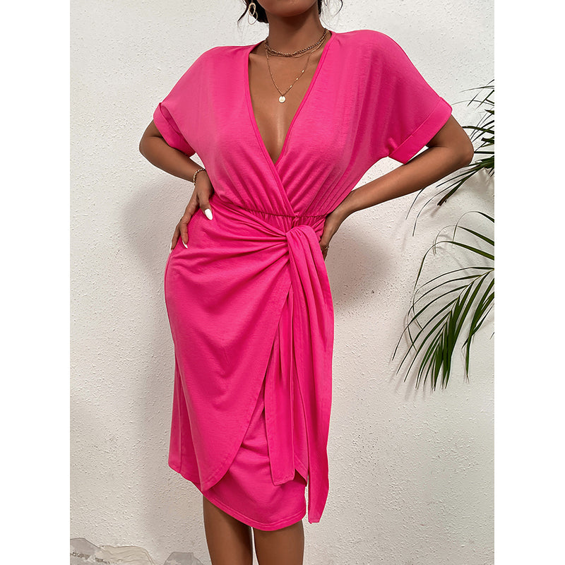 Pink Extended Sleeves Gathered or Pleated Wrap Dress