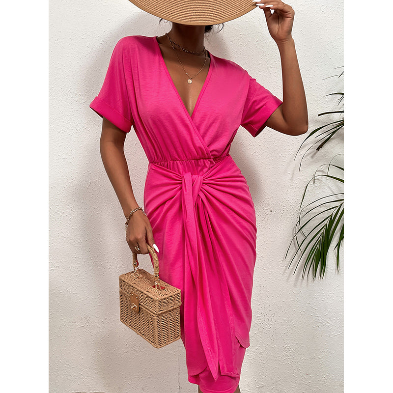 Pink Extended Sleeves Gathered or Pleated Wrap Dress