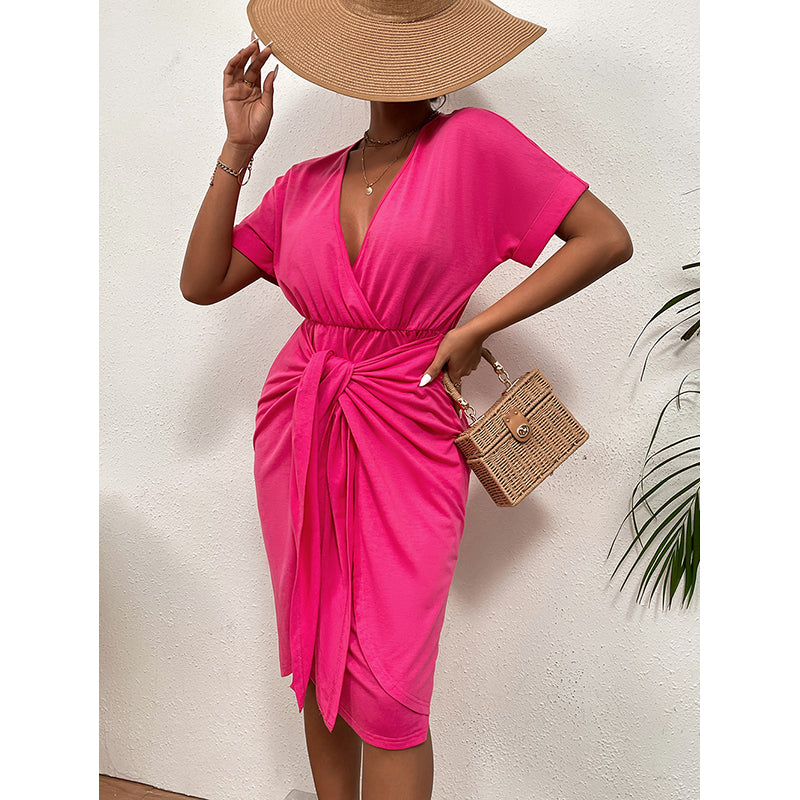 Pink Extended Sleeves Gathered or Pleated Wrap Dress