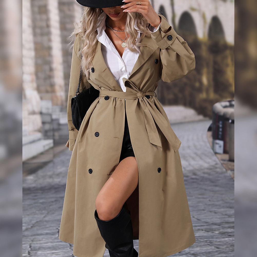 Women Khaki-Colored Solid Longline Trench Coat