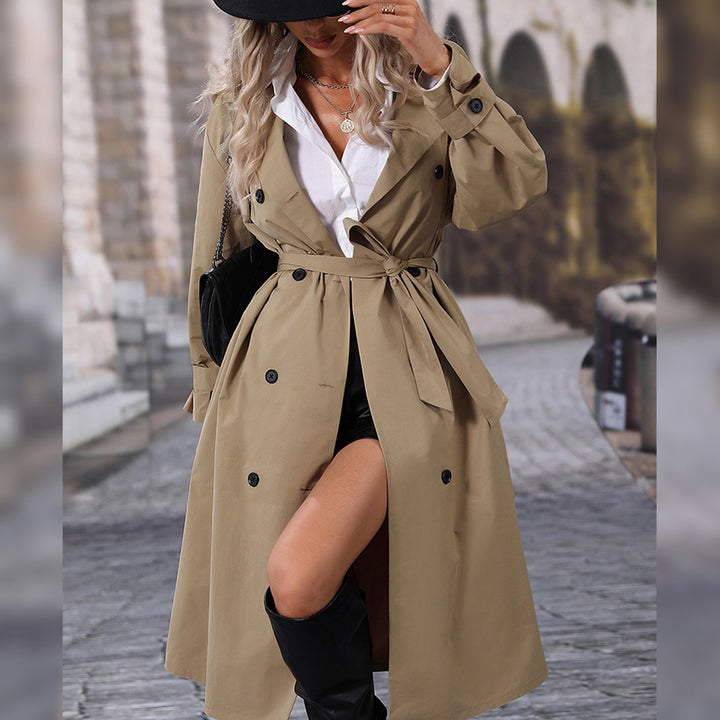Women Khaki-Colored Solid Longline Trench Coat