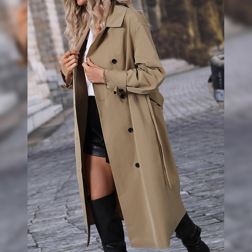 Women Khaki-Colored Solid Longline Trench Coat