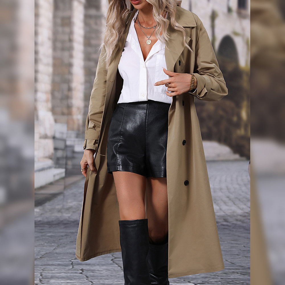 Women Khaki-Colored Solid Longline Trench Coat