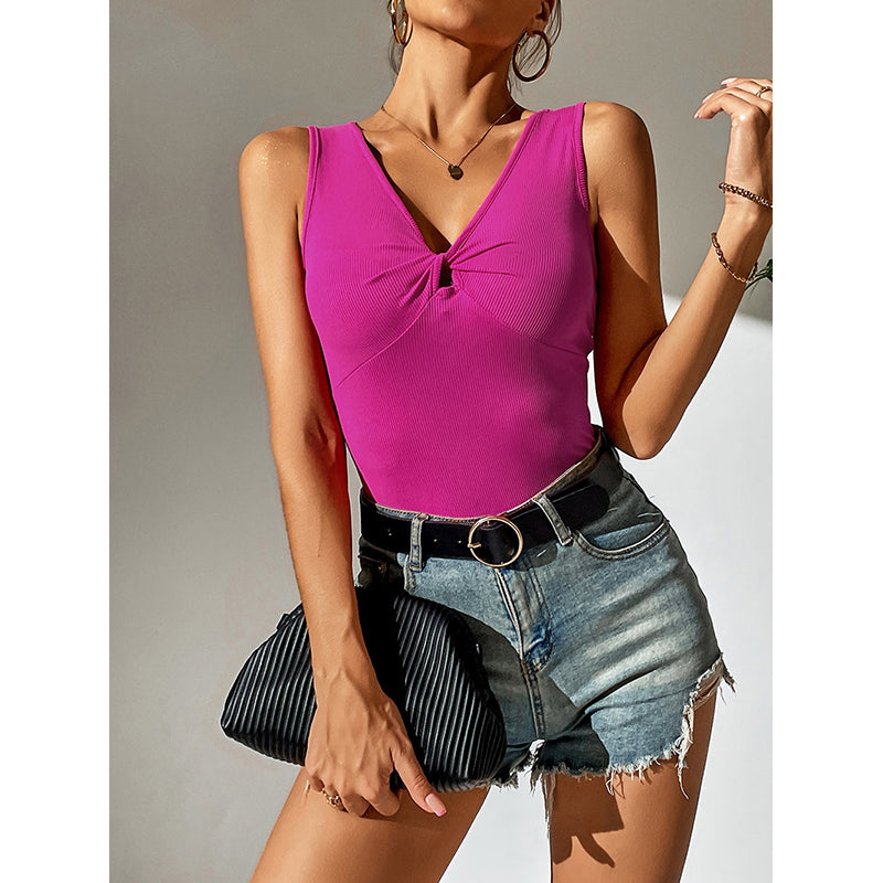 Pink V-Neck Ribbed Twisted Fitted Top