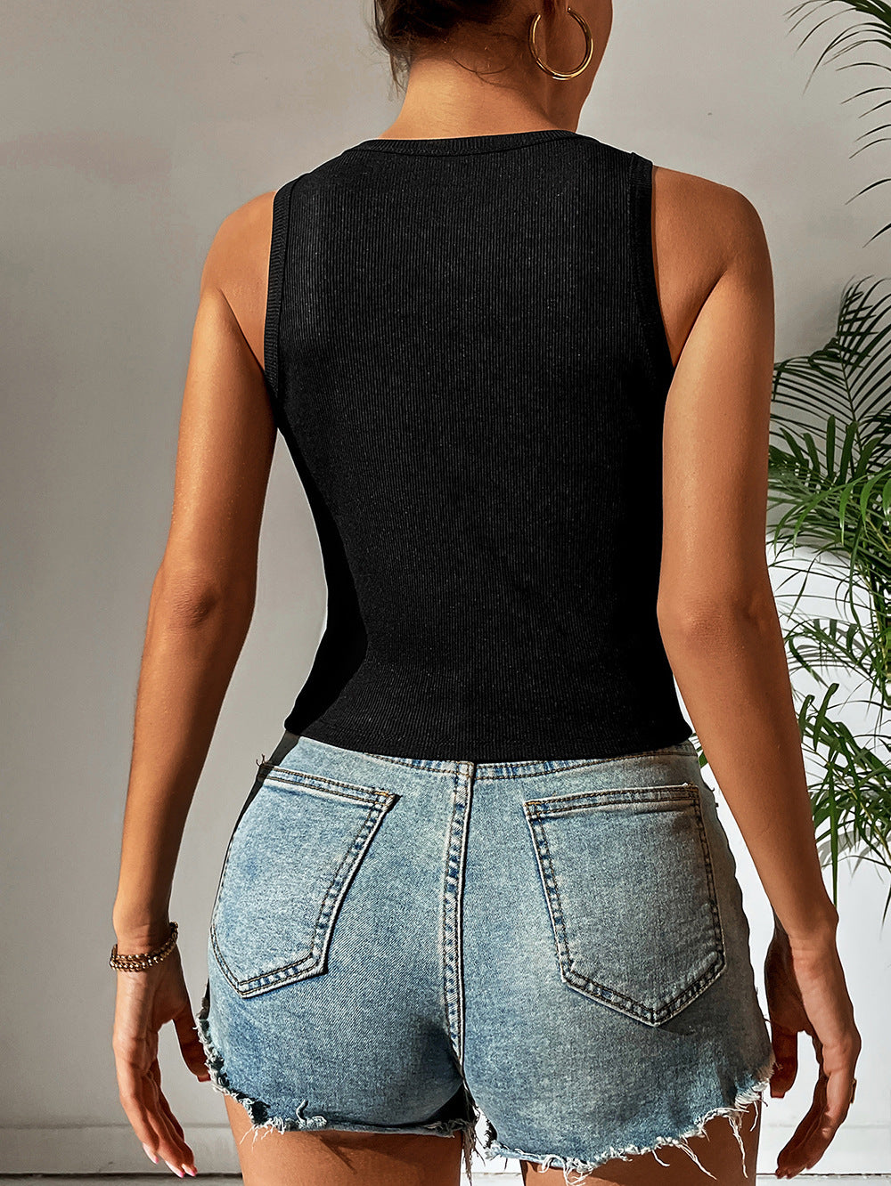 Black Animal Printed Sleeveess Cut Out Top