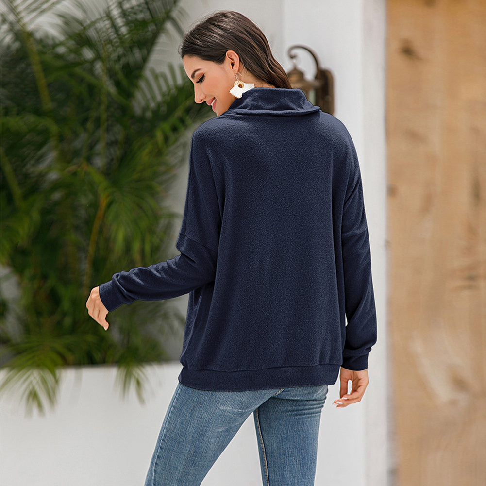 Women Navy Blue Long Sleeves Cowl Neck Sweatshirt