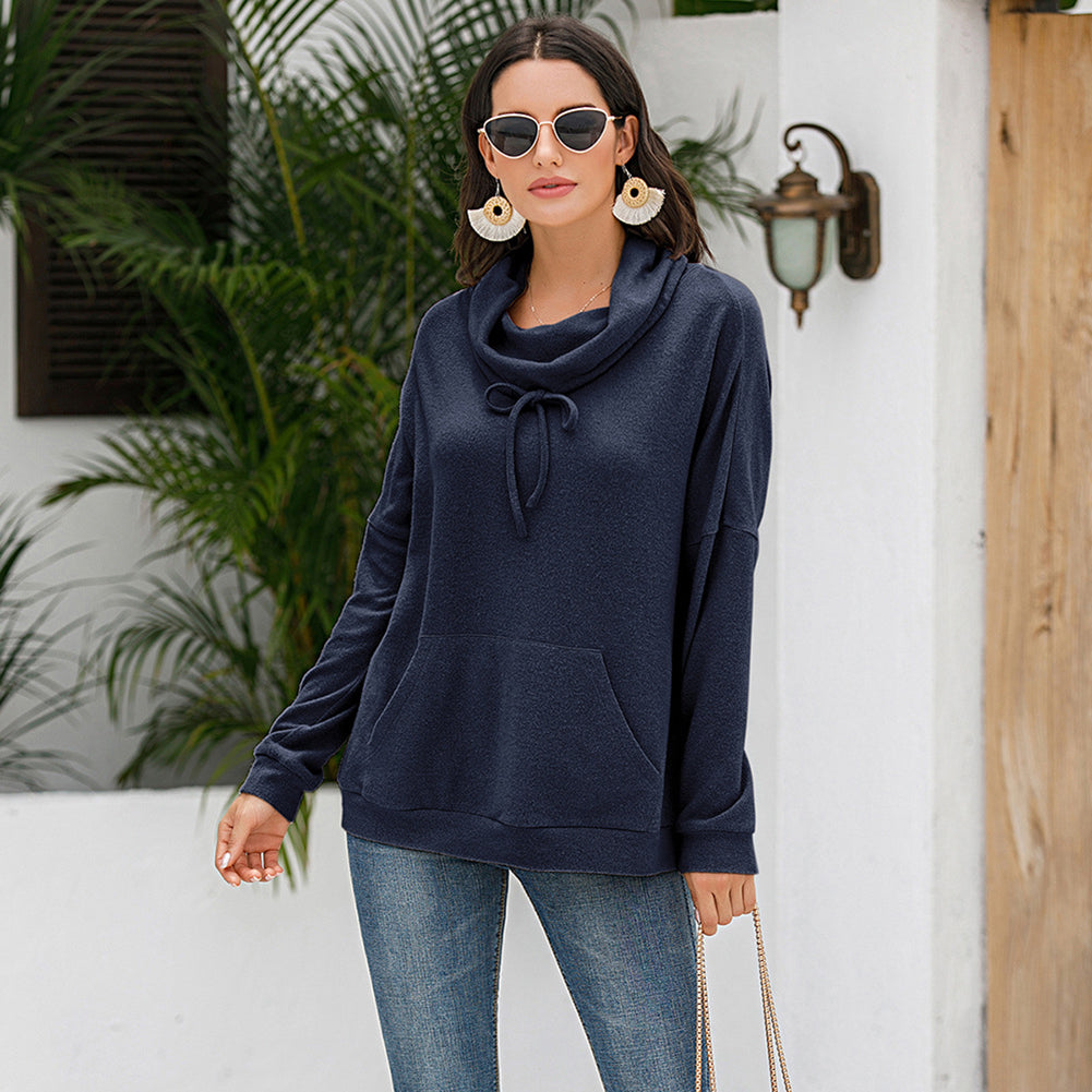 Women Navy Blue Long Sleeves Cowl Neck Sweatshirt