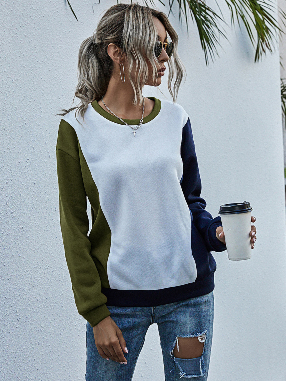 Women Olive Green Colourblocked Sweatshirt