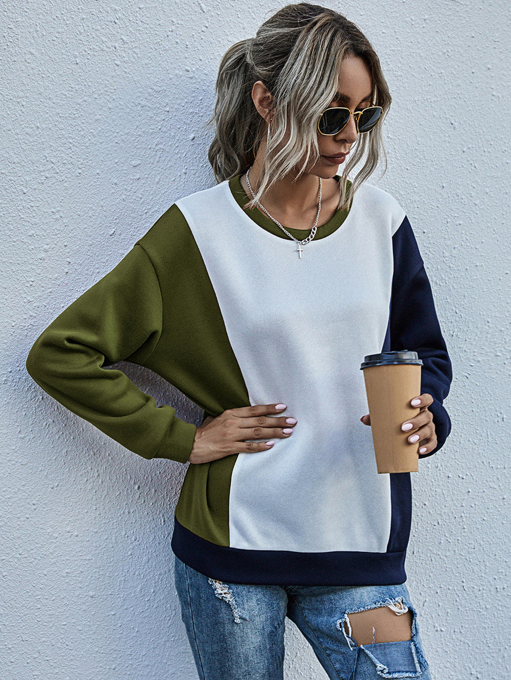 Women Olive Green Colourblocked Sweatshirt