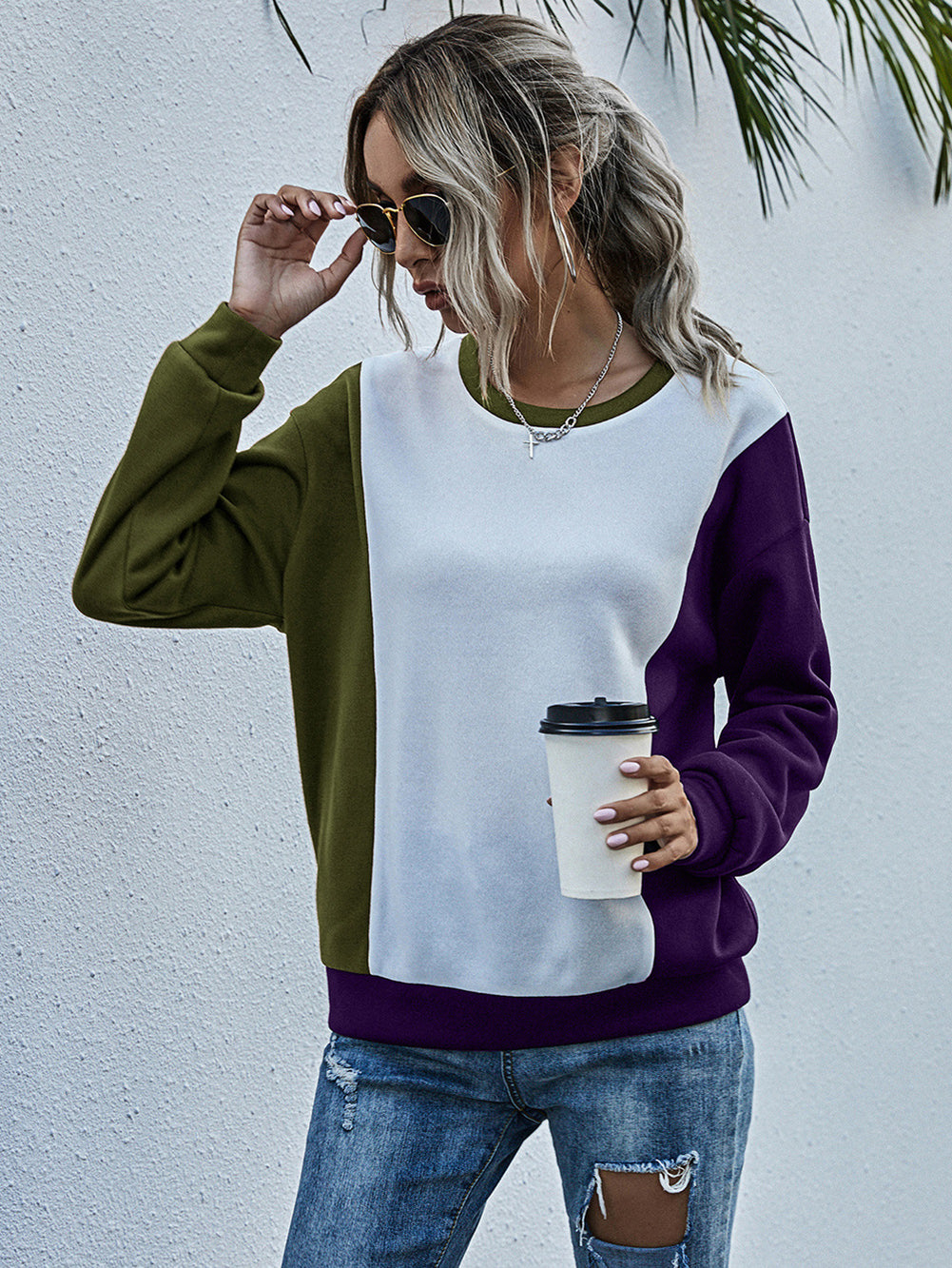 Women Olive Green Colourblocked Sweatshirt