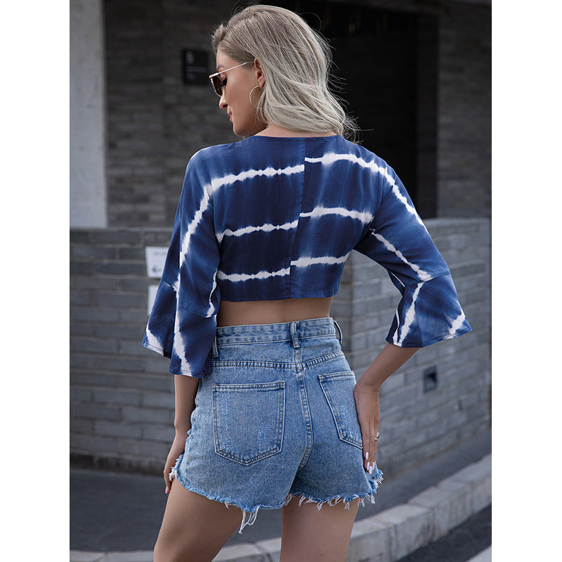 Blue & White Tie and Dye Crop Fitted Top