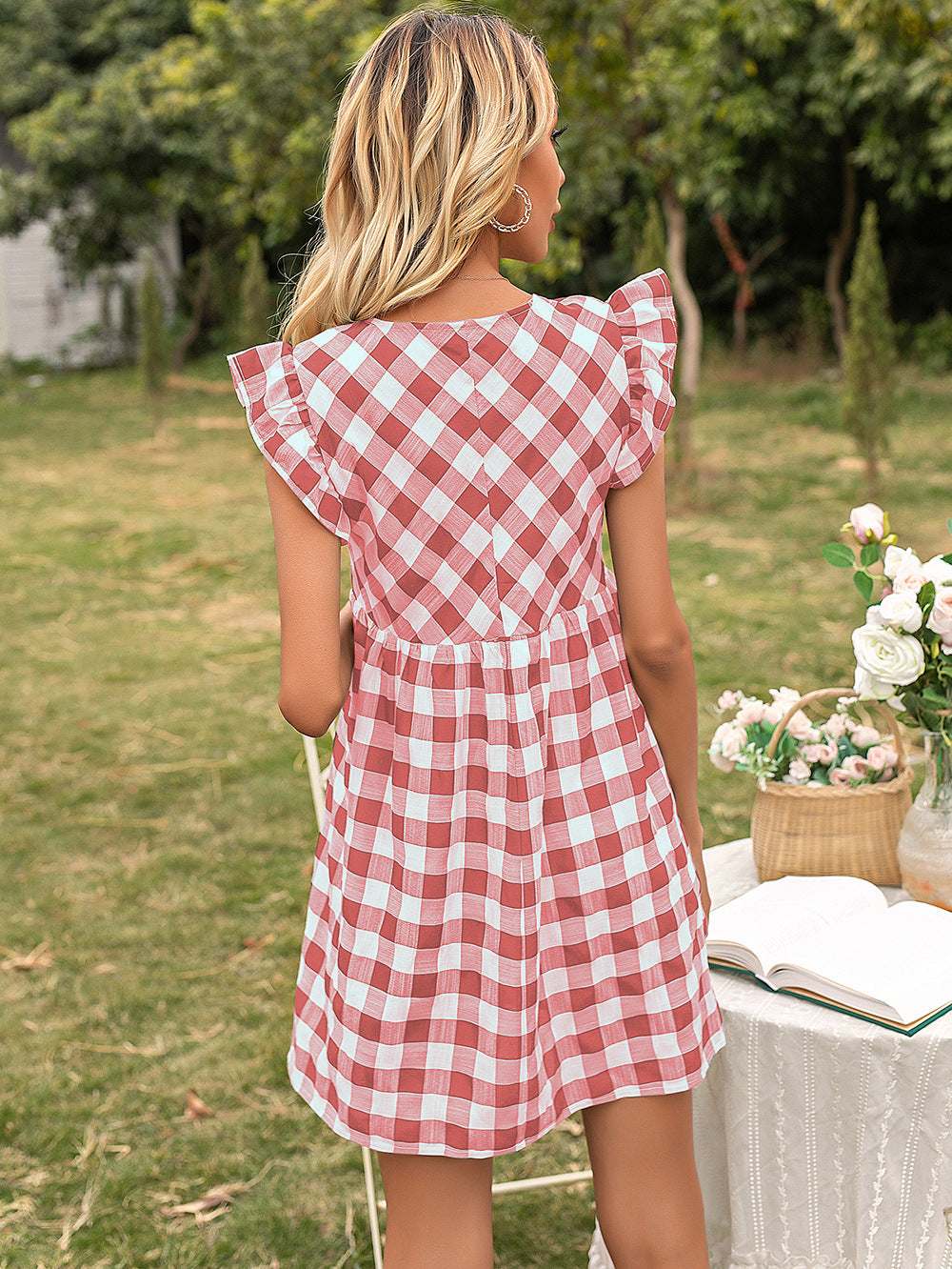 Checked Flutter Sleeve Empire Dress