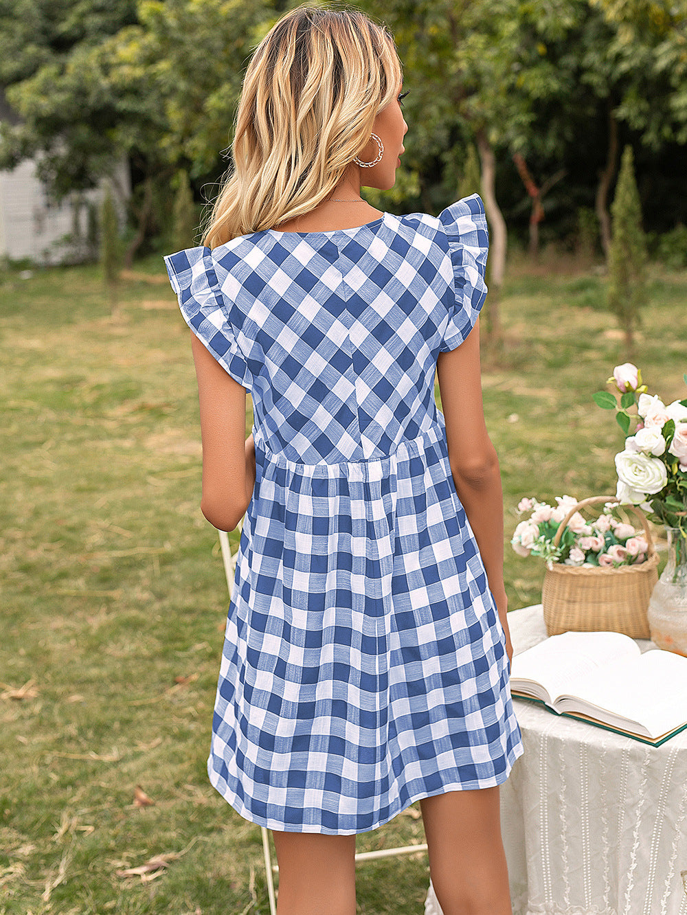Blue Checked Flutter Sleeve Empire Dress