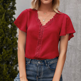 Red V-Neck Short Sleeves Top