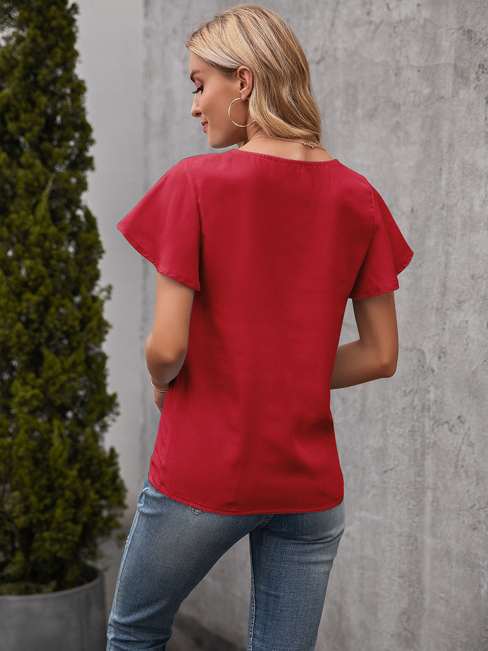 Red V-Neck Short Sleeves Top