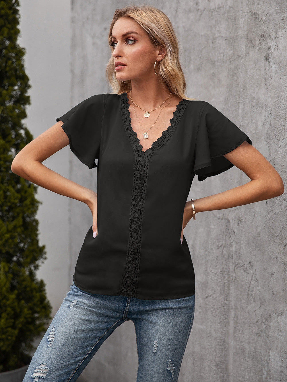 Black Lace Inserted Monochrome Top