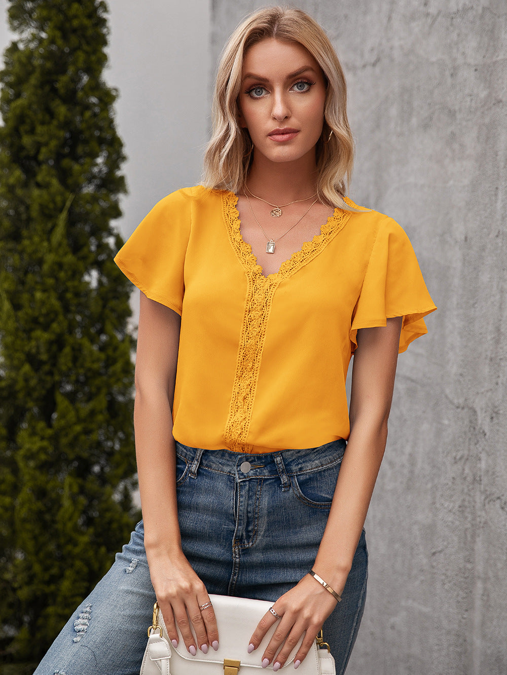 V-Neck Flutter Sleeve Knitted Top