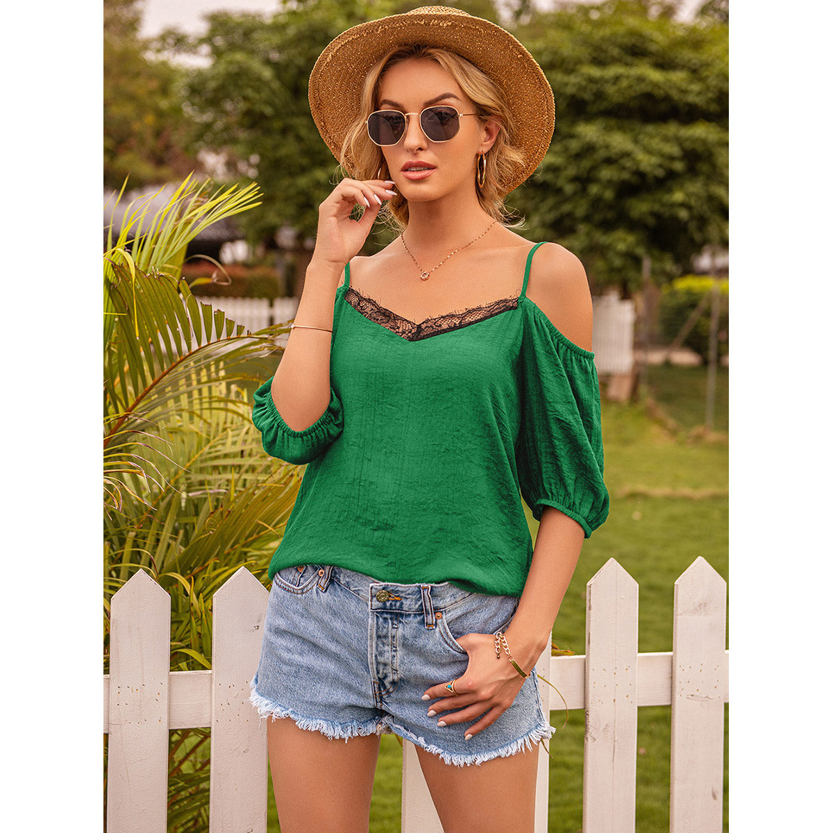 Green Cold-Shoulder Ruffles Top